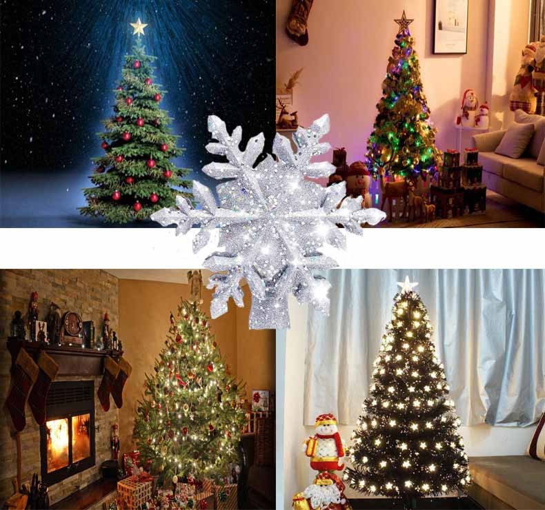 Christmas Tree Topper Star Lighted 3D Glitter Silver Snow Tree Toppers Snowflake Projector