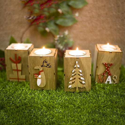 4 Pcs Christmas Candle Holders Creative Gifts Decoration Mini Wooden Candlestick Stand