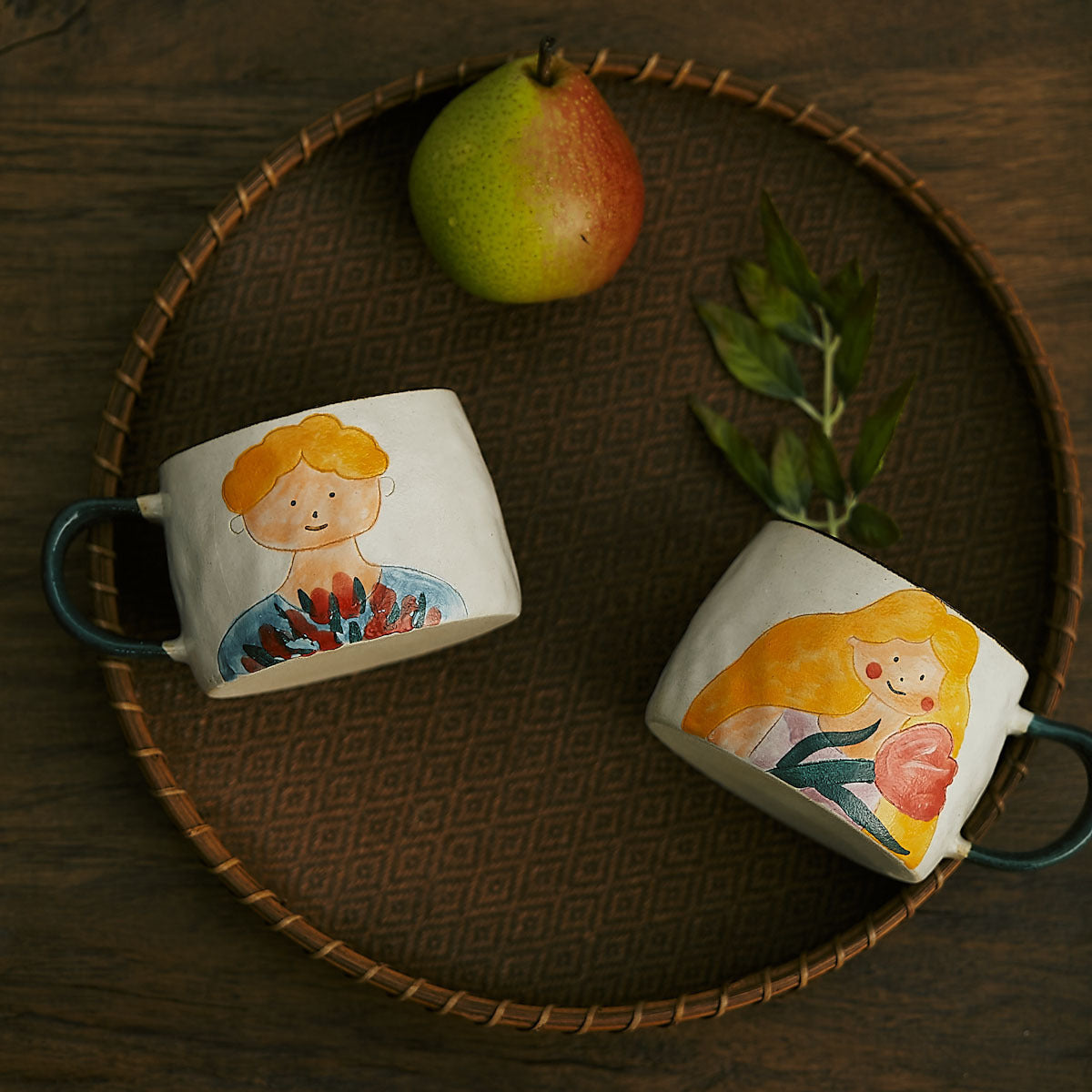 Hand-painted Illustration Ceramic Couple Drinking Water Mug Gift