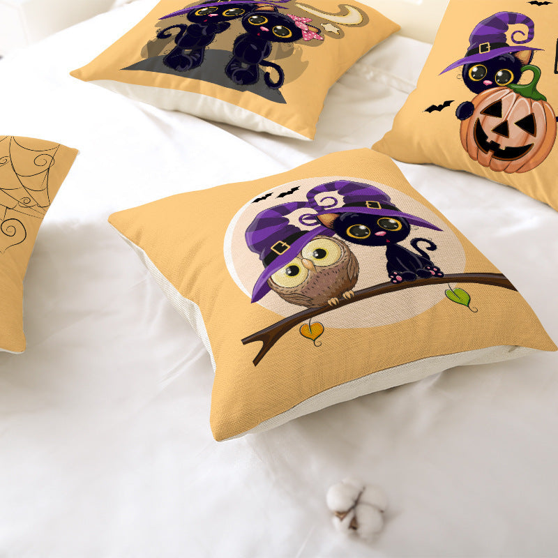 Halloween Linen Cute Cartoon Printed Kitten Pumpkin Head Pillow Cover