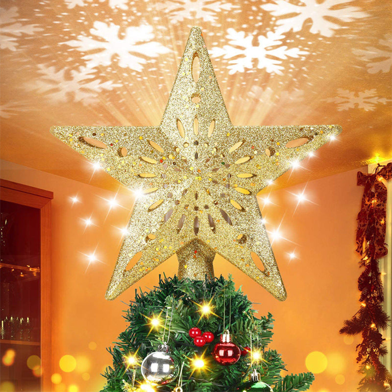 Christmas Tree Topper Star Lighted 3D Glitter Silver Snow Tree Toppers Snowflake Projector 