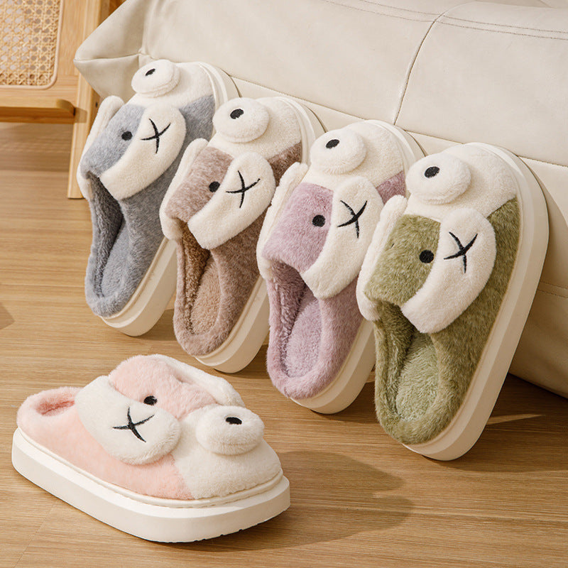 Cute Cartoon Dog Plush Slippers Winter Warm Non-slip Floor Home Slipper Couple Indoor Thick Bottom House Shoes