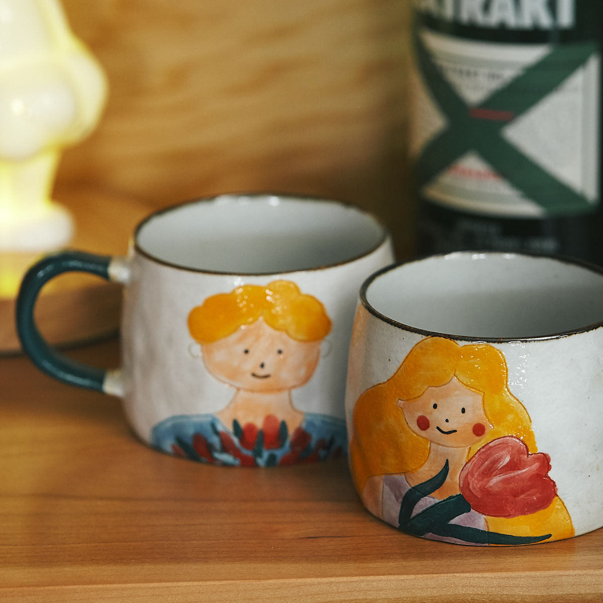 Hand-painted Illustration Ceramic Couple Drinking Water Mug Gift