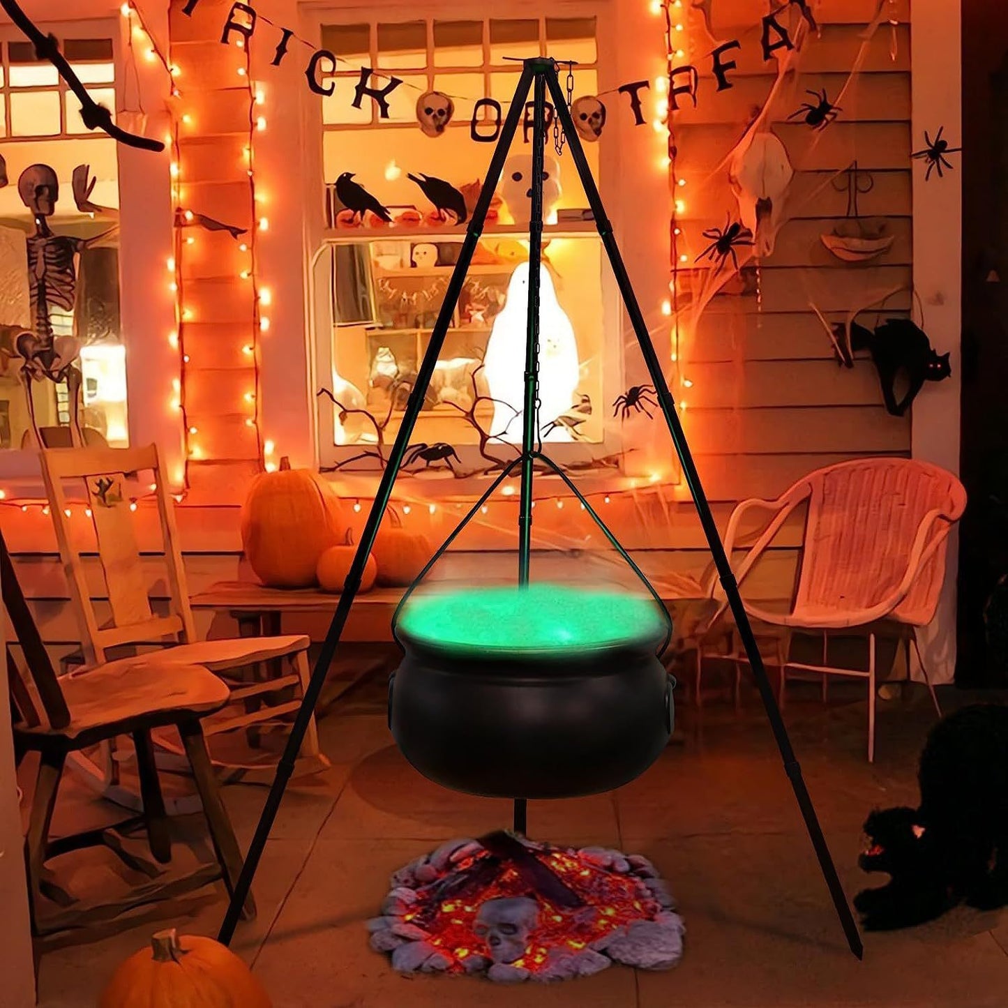 Witch Cauldron On Bonfire Tripod Halloween Decoration