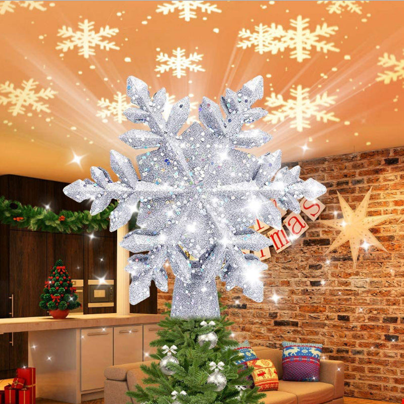 Christmas Tree Topper Star Lighted 3D Glitter Silver Snow Tree Toppers Snowflake Projector